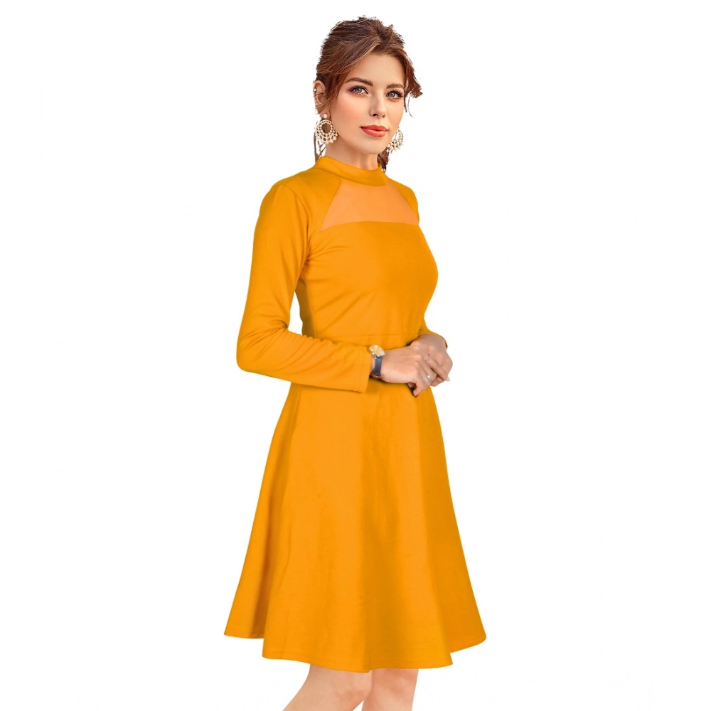Women's Knitting stretchable Solid Round Neck Full Sleeve Dress (Yellow) - Image 4