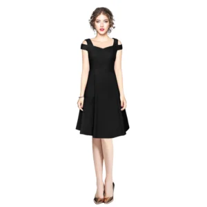Women's Polyester Solid V Neck Cap Sleeve off Shoulder Dress (Black)