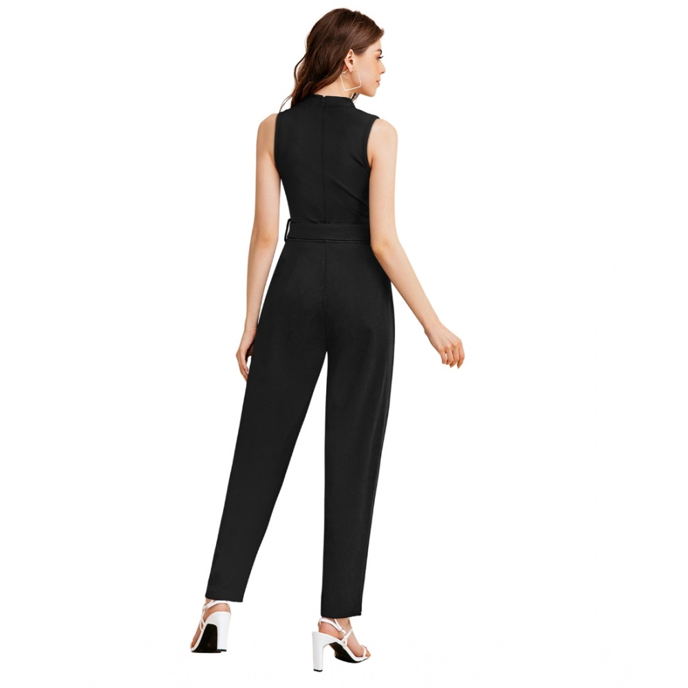 Women's Knitting stretchable Solid Round Neck Sleeveless Jumpsuit (Black) - Image 5