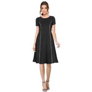 Women's Knitting stretchable Solid Round Neck Cap Sleeve Dress (Black)