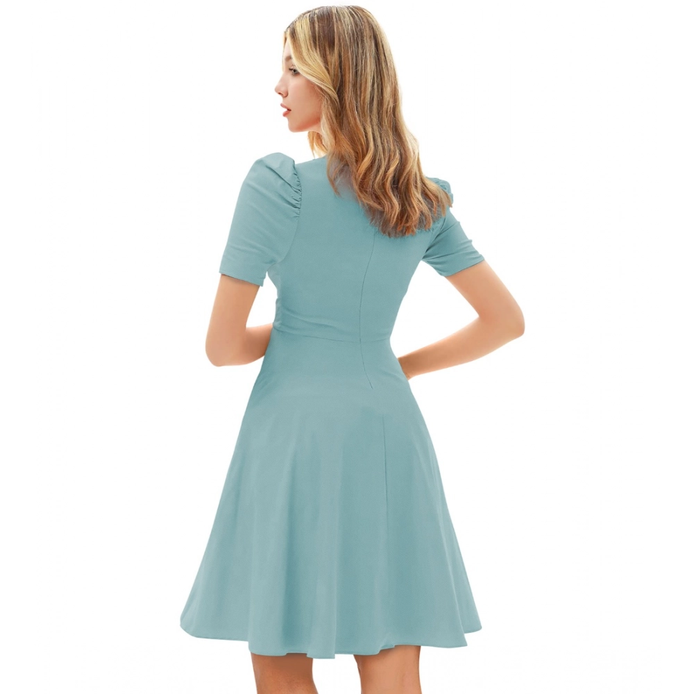 Women's Knitting stretchable Solid V Neck Cap Sleeve Dress (Pista) - Image 5