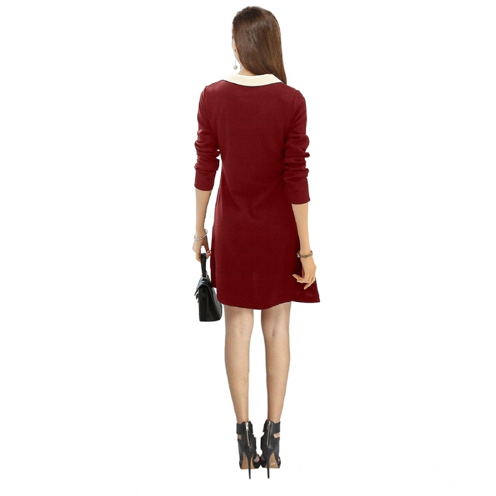 Women's Polyester Solid Collar 3-4th Dress (Maroon) - Image 5