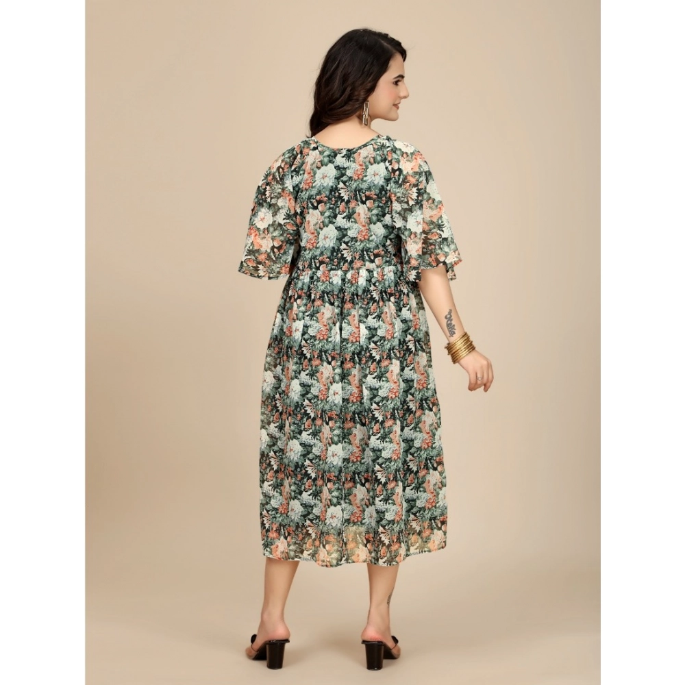 Women's Georgette Printed Round Neck Short Sleeve Dress (Black) - Image 3