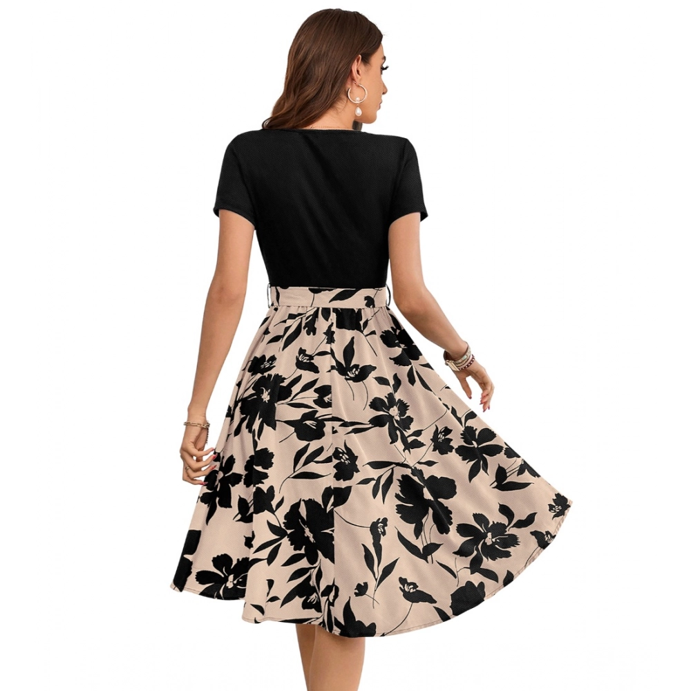 Women's Knitting Printed Round Neck Short Sleeve Dress (Cream) - Image 5
