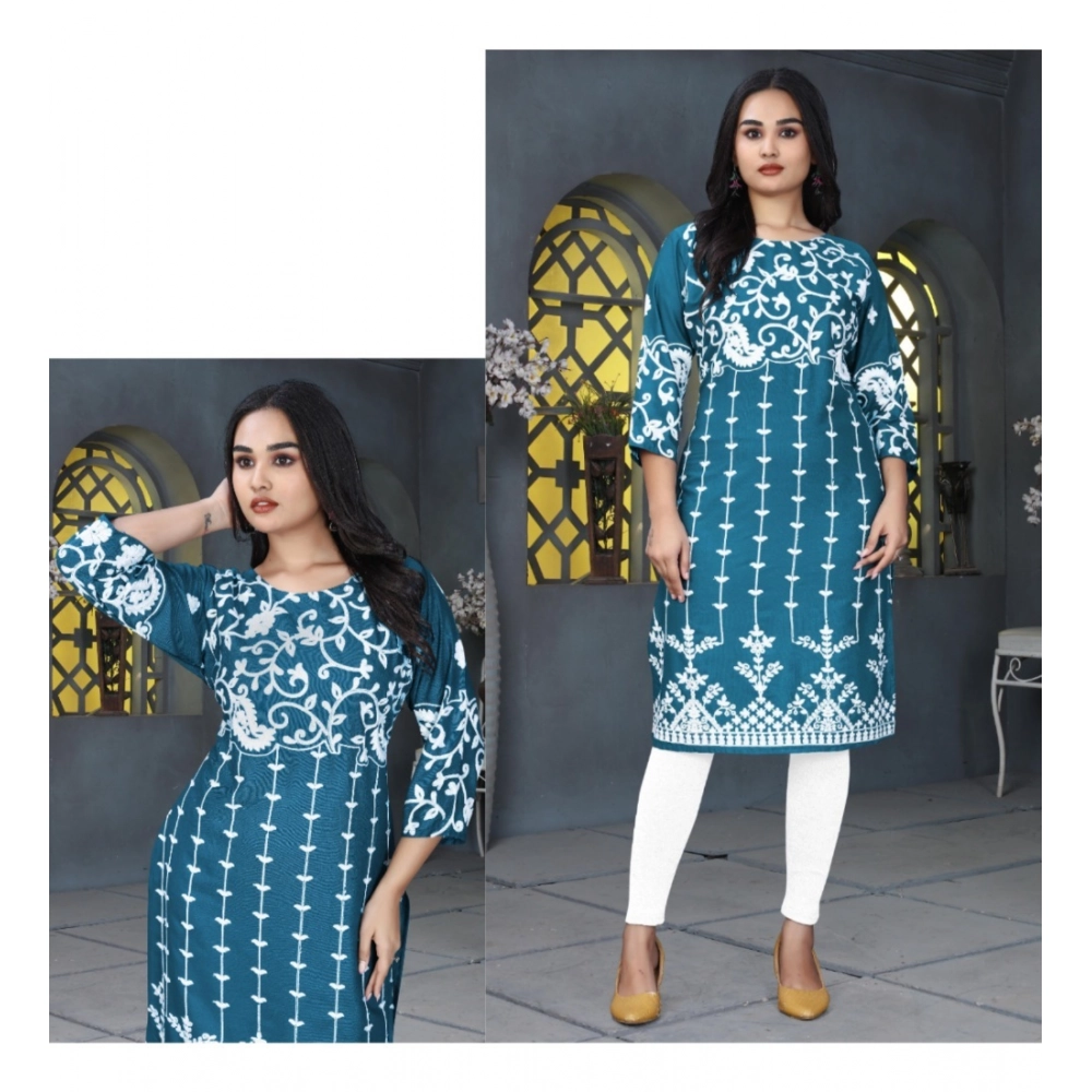 Women's Rayon Printed Round Neck 3-4th Sleeve Kurti (Rama) - Image 3