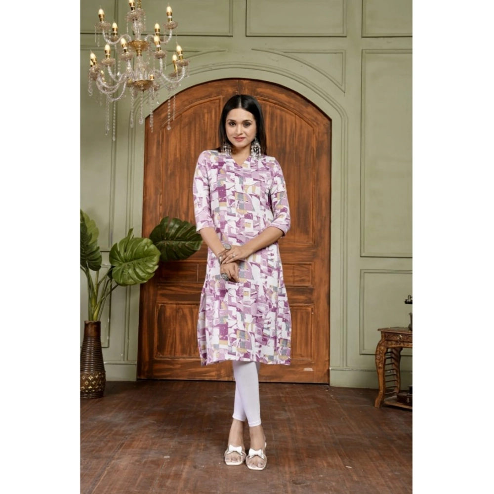 Women's Cotton Blended Printed 3/4th Sleeve Collar Neck Kurti (Purple)