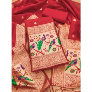 Women's Banarasi Silk Printed Unstitched Salwar Suit Material With Dupatta (Red, 3Mtrs)