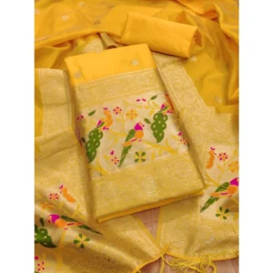 Women's Banarasi Silk Printed Unstitched Salwar Suit Material With Dupatta (Yellow, 3Mtrs)