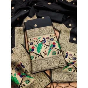 Women's Banarasi Silk Printed Unstitched Salwar Suit Material With Dupatta (Black, 3Mtrs)
