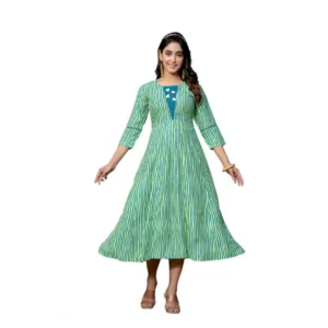 Women's Rayon Print With Embroidery Work A-Line Kurti (Rama)