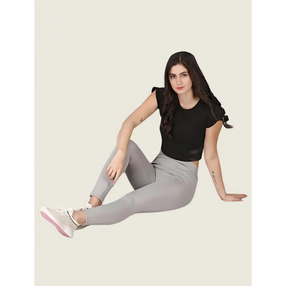 Women's Polyester Solid Ankle length High Waisted Tights (Grey) - Image 3