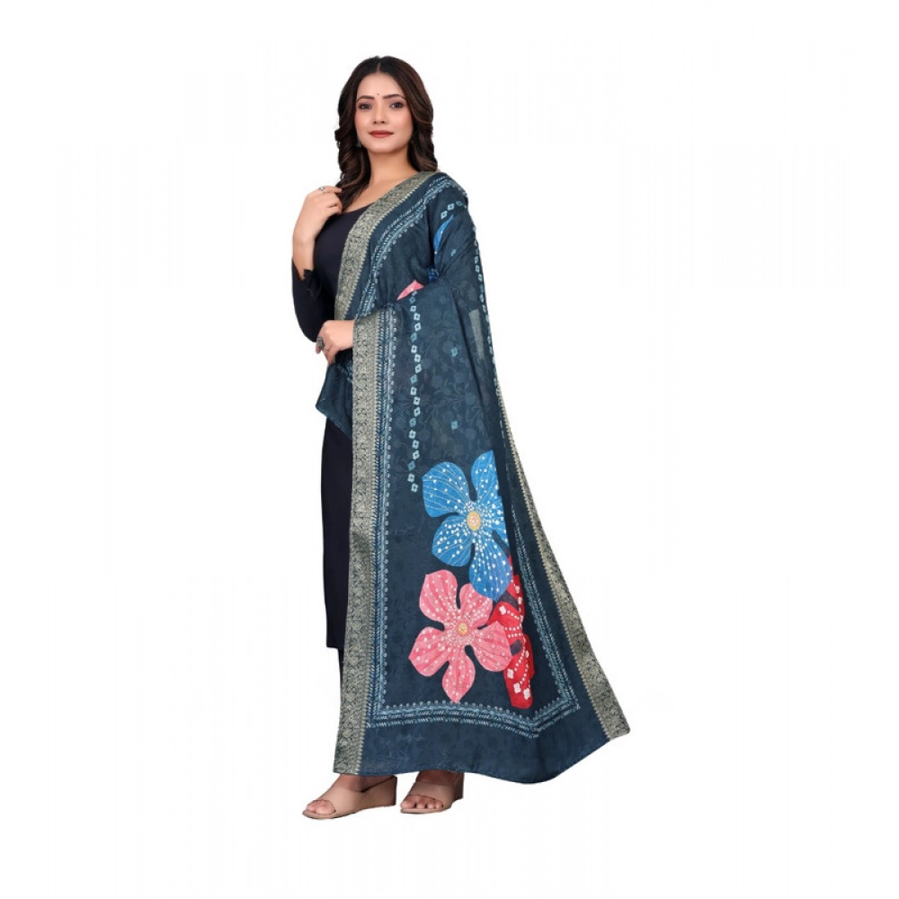 Women's chanderi silk Printed Dupatta (Navy Blue, Length: 2 Mtr) - Image 3