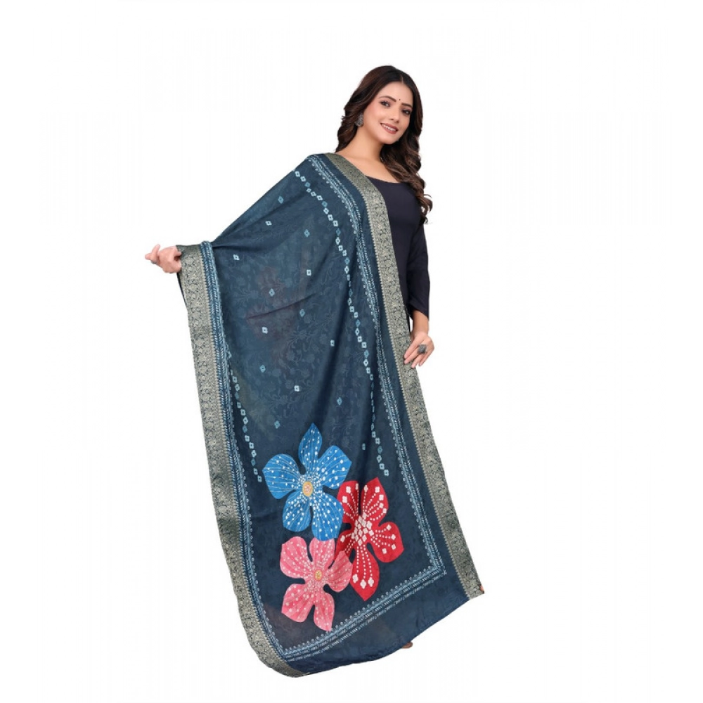 Women's chanderi silk Printed Dupatta (Navy Blue, Length: 2 Mtr) - Image 2