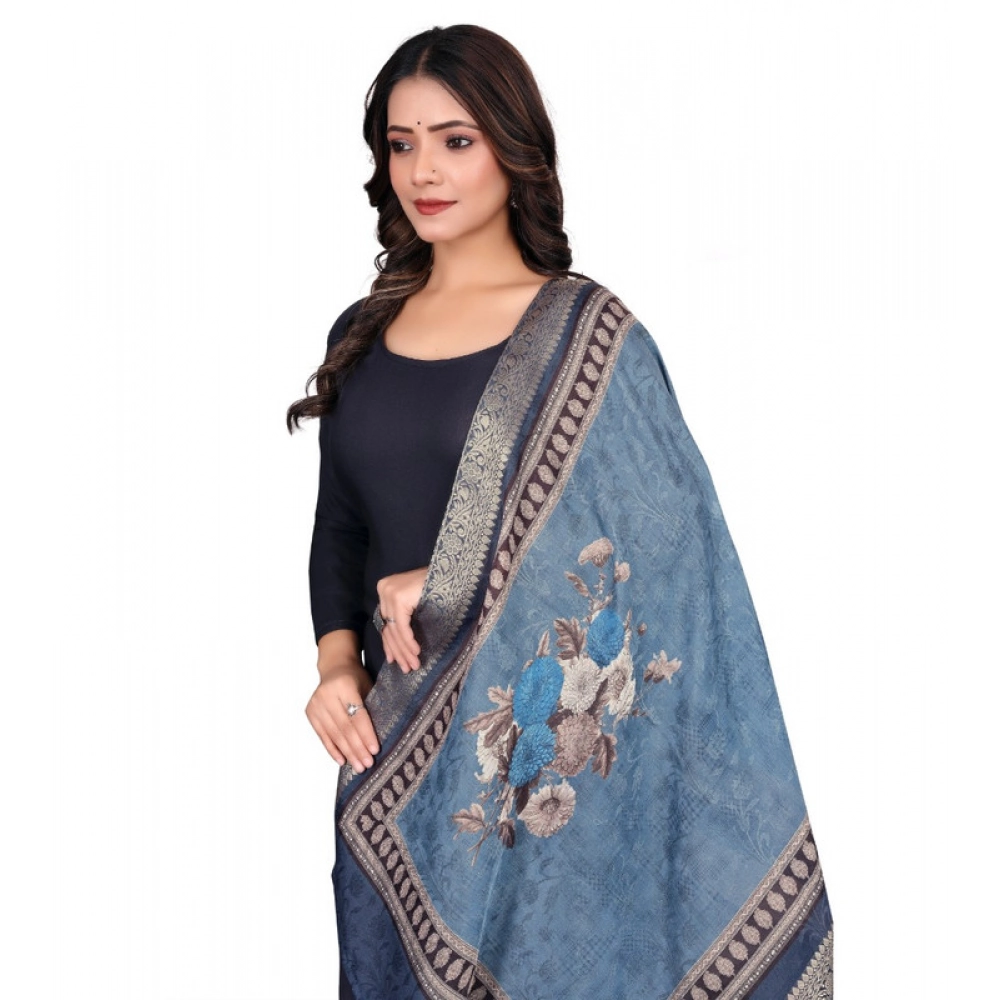 Women's chanderi silk Printed Dupatta (Navy Blue, Length: 2 Mtr) - Image 2