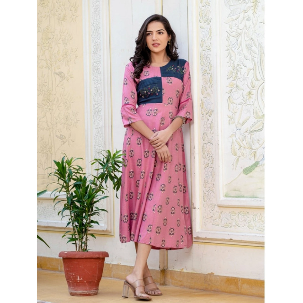 Women's Rayon Print With Embroidery Work A-Line Kurti (Wine) - Image 5