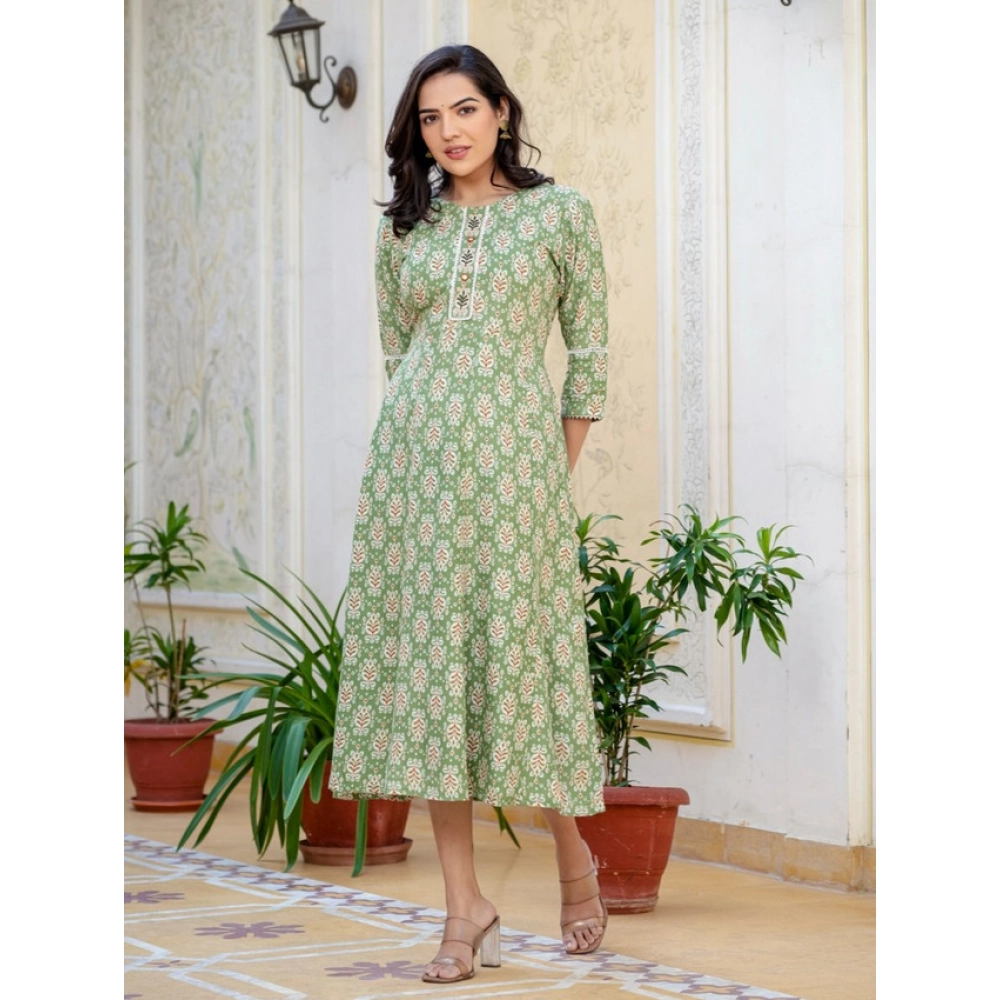 Women's Rayon Print With Embroidery Work A-Line Kurti (Green) - Image 5