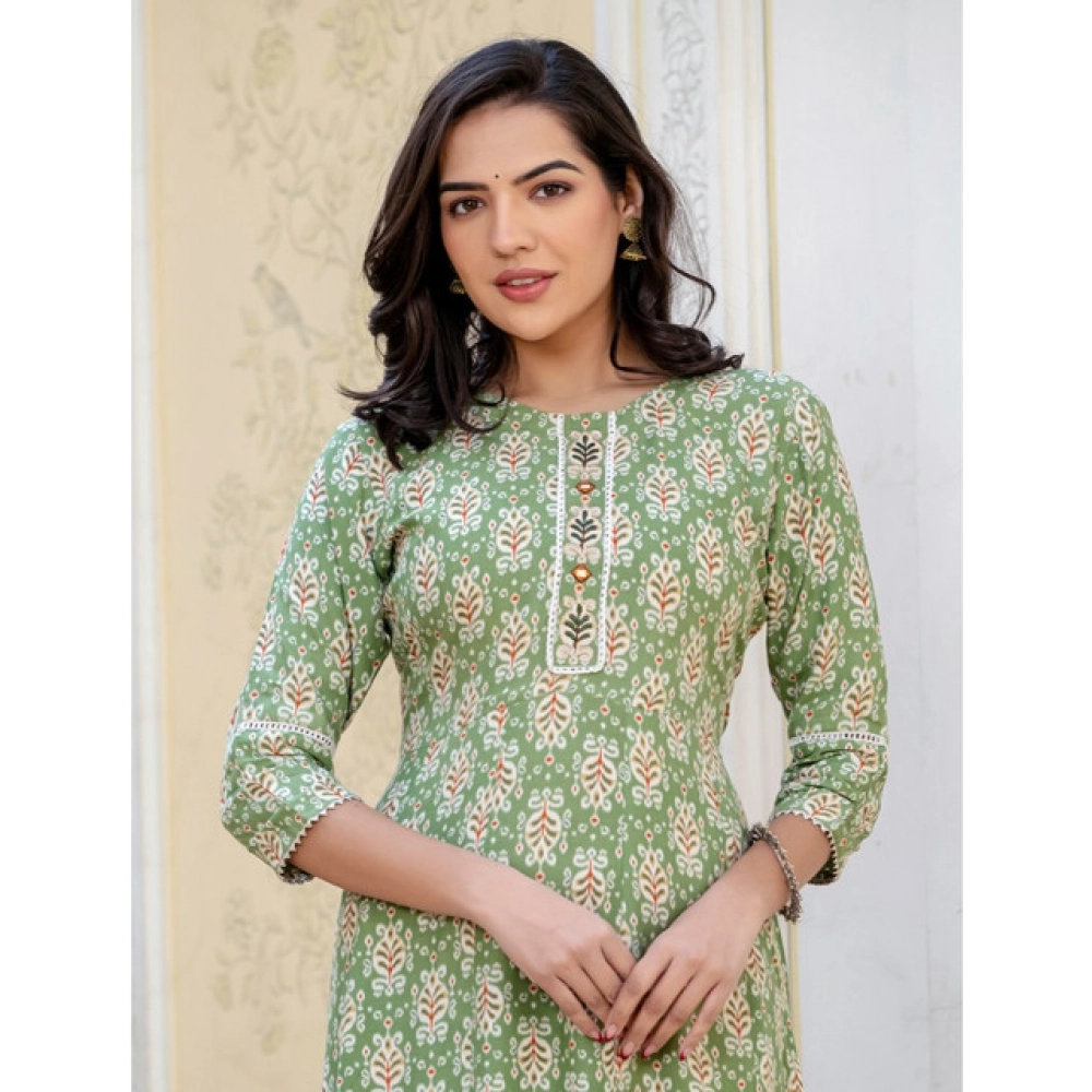 Women's Rayon Print With Embroidery Work A-Line Kurti (Green) - Image 4