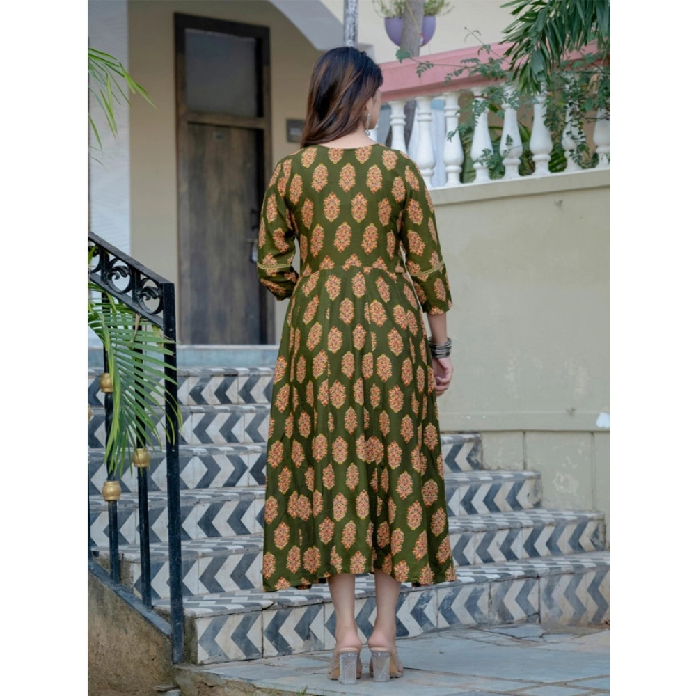 Women's Rayon Print With Embroidery Work A-Line Kurti (Dark Green) - Image 2