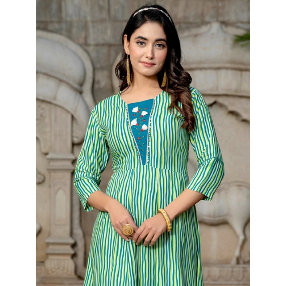 Women's Rayon Print With Embroidery Work A-Line Kurti (Rama) - Image 3