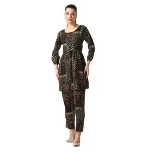 Women's Casual Crepe 3-4th Sleeves Cord Set (Black)