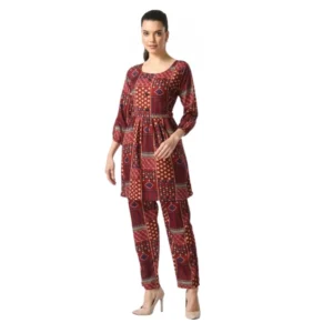 Women's Casual Crepe 3-4th Sleeves Cord Set (Maroon)
