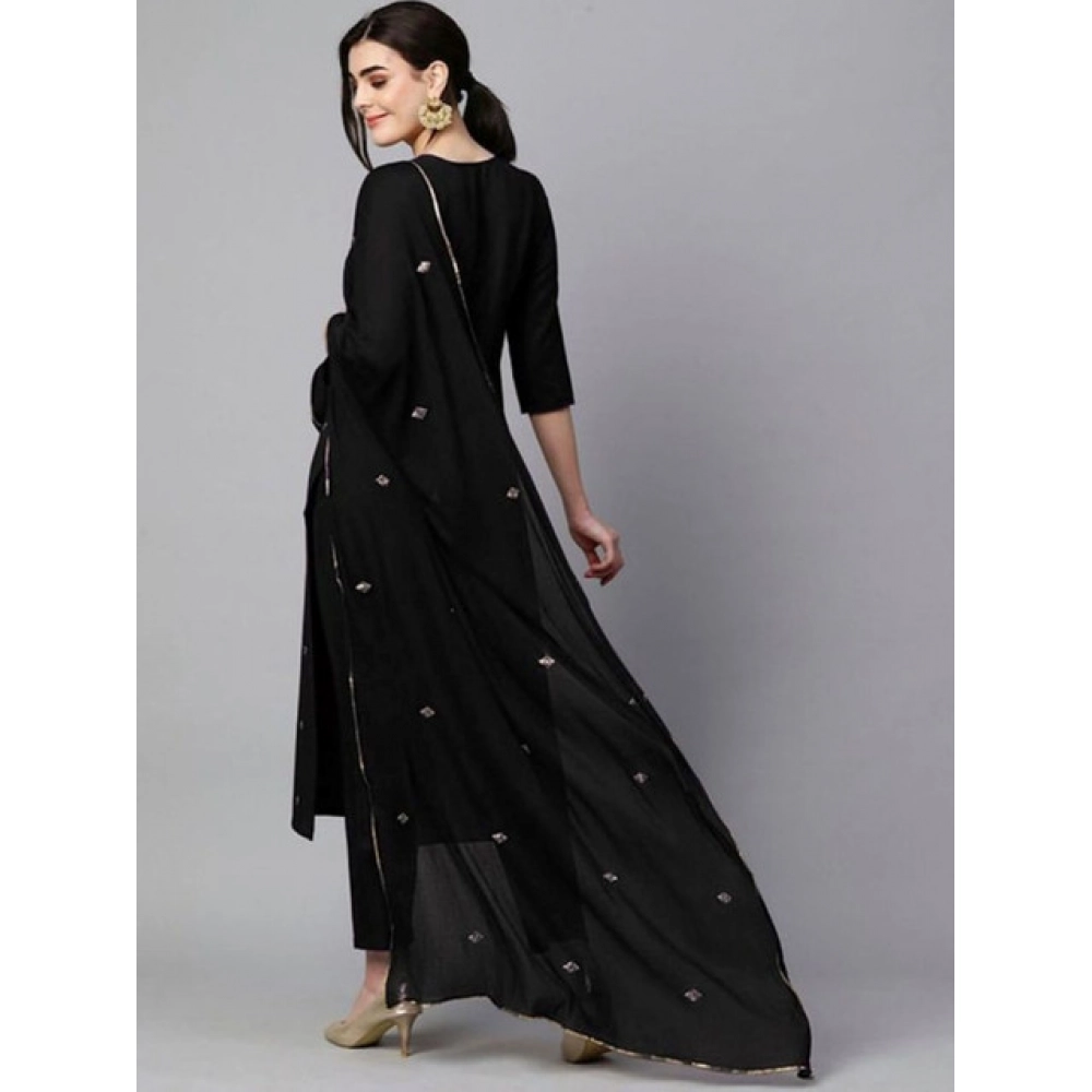 Women's Tesla Silk Embroidered U-Neck Kurti With Pant Dupatta Set (Black) - Image 4