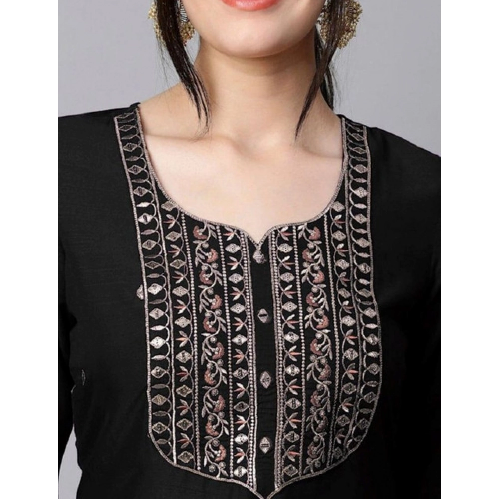 Women's Tesla Silk Embroidered U-Neck Kurti With Pant Dupatta Set (Black) - Image 3