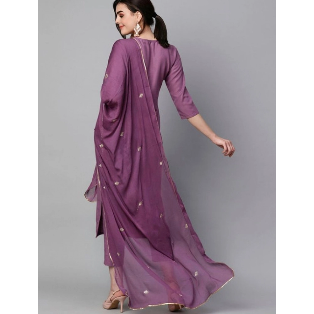 Women's Tesla Silk Embroidered U-Neck Kurti With Pant Dupatta Set (Light Purple) - Image 2