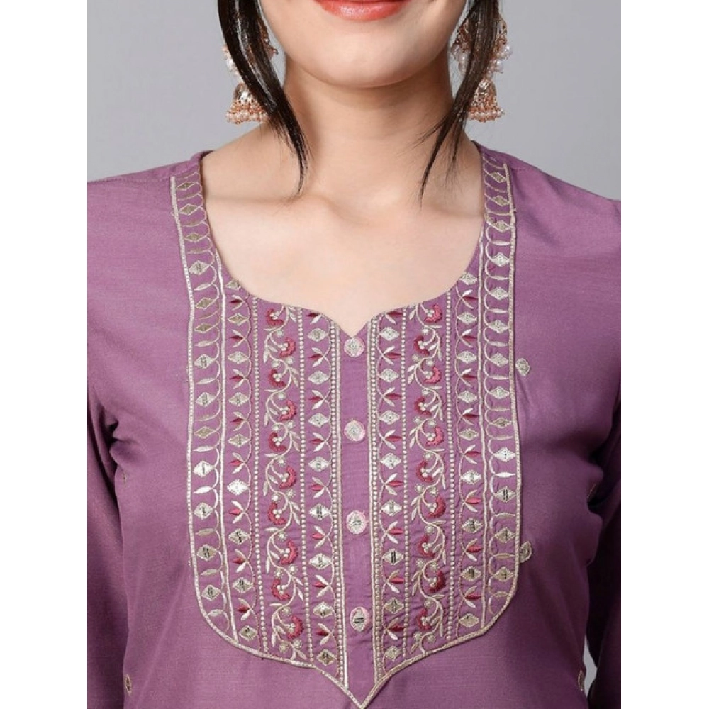 Women's Tesla Silk Embroidered U-Neck Kurti With Pant Dupatta Set (Light Purple) - Image 4