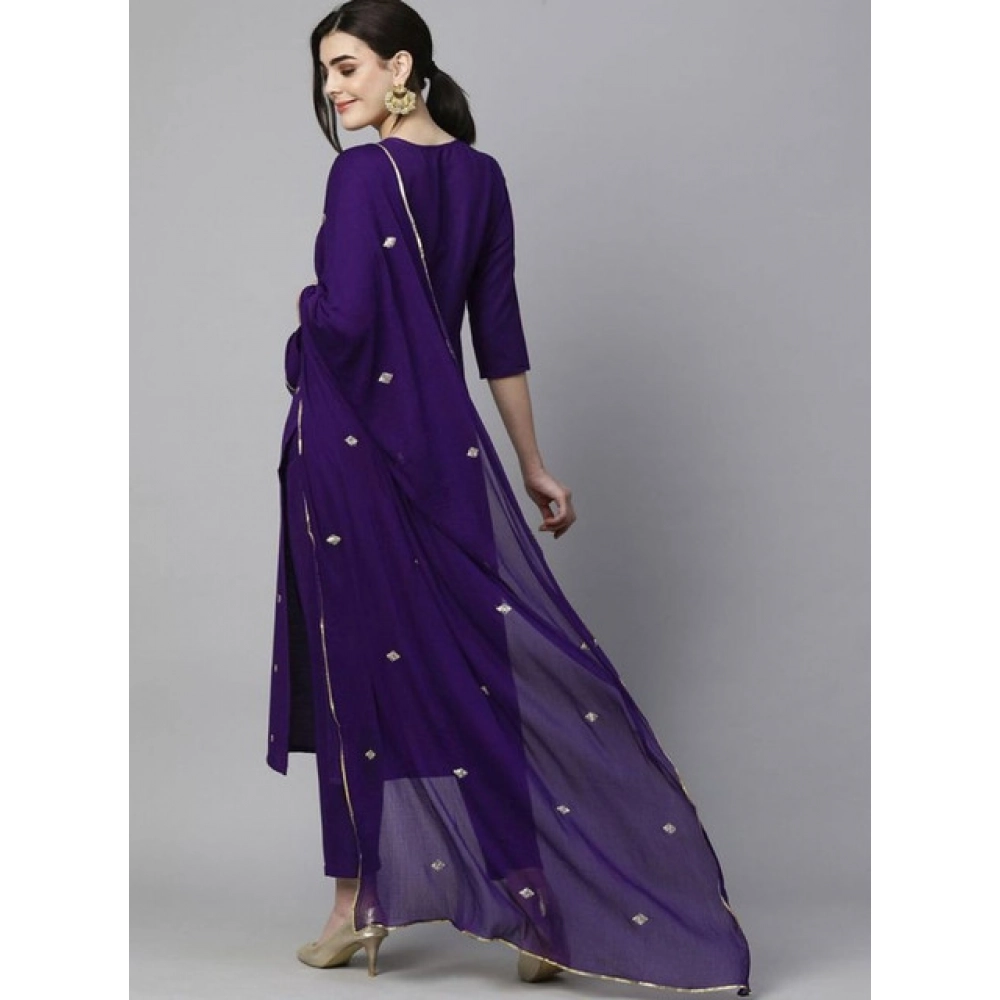Women's Tesla Silk Embroidered U-Neck Kurti With Pant Dupatta Set (Dark Purple) - Image 4