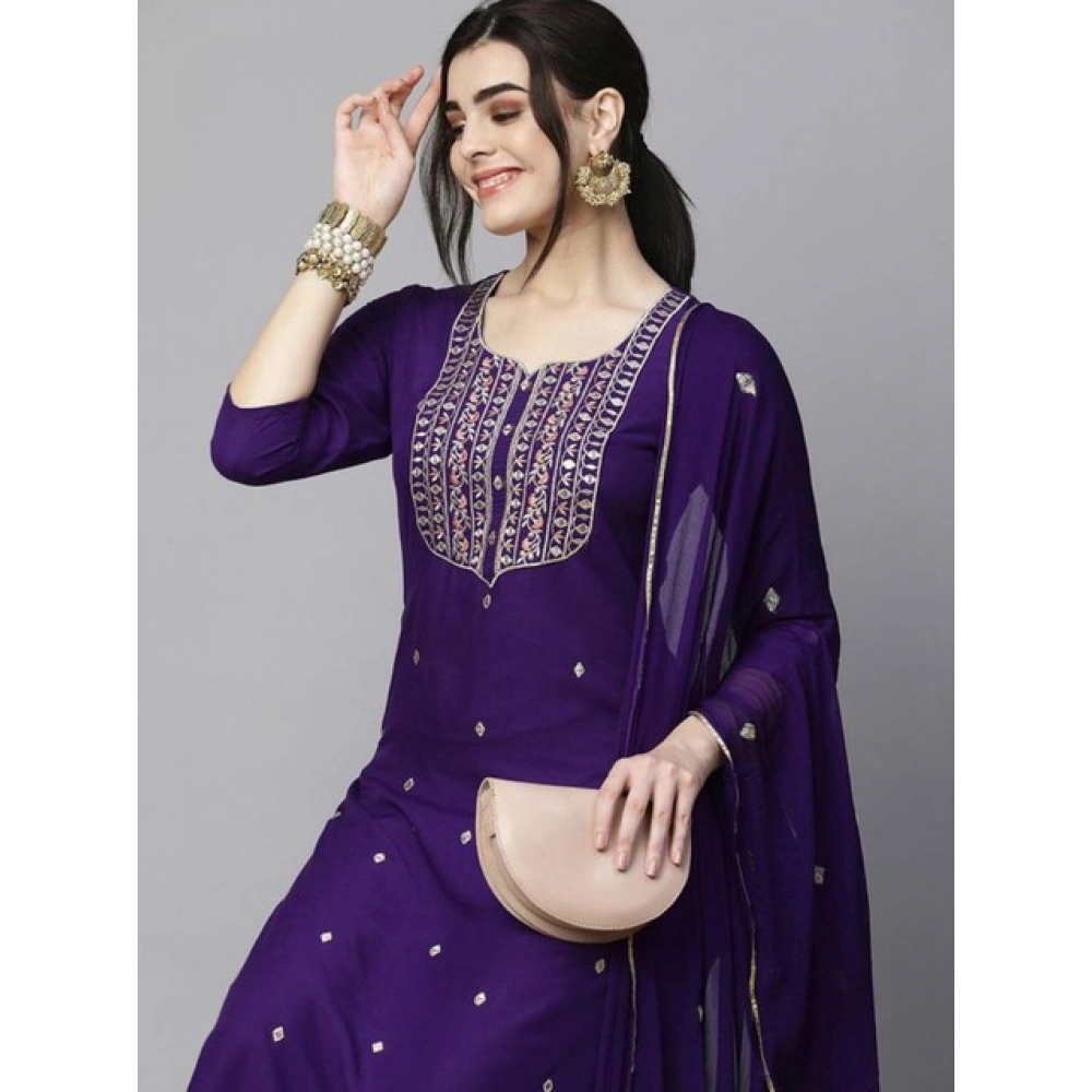 Women's Tesla Silk Embroidered U-Neck Kurti With Pant Dupatta Set (Dark Purple) - Image 3