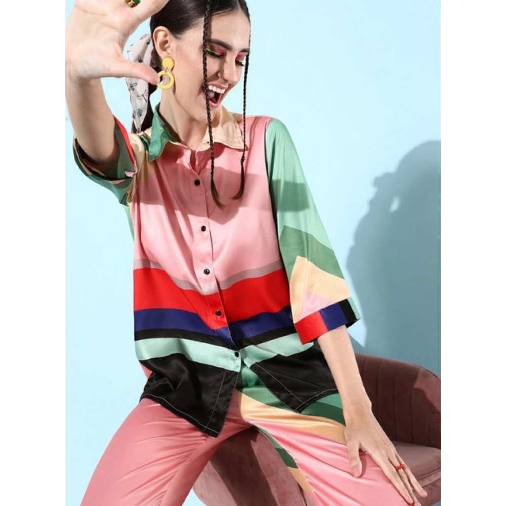 Women's Satin Colour Block Long Sleeves Co-Ord Set (Multicolor) - Image 2