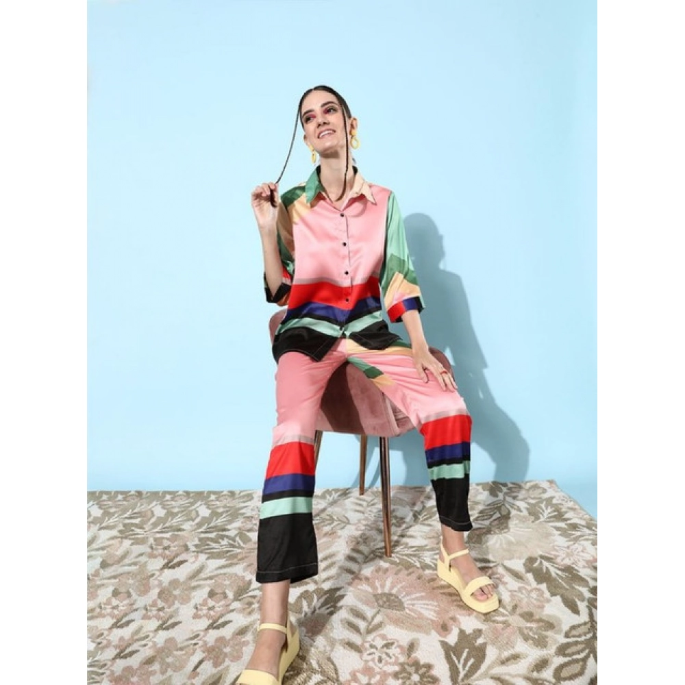 Women's Satin Colour Block Long Sleeves Co-Ord Set (Multicolor) - Image 3