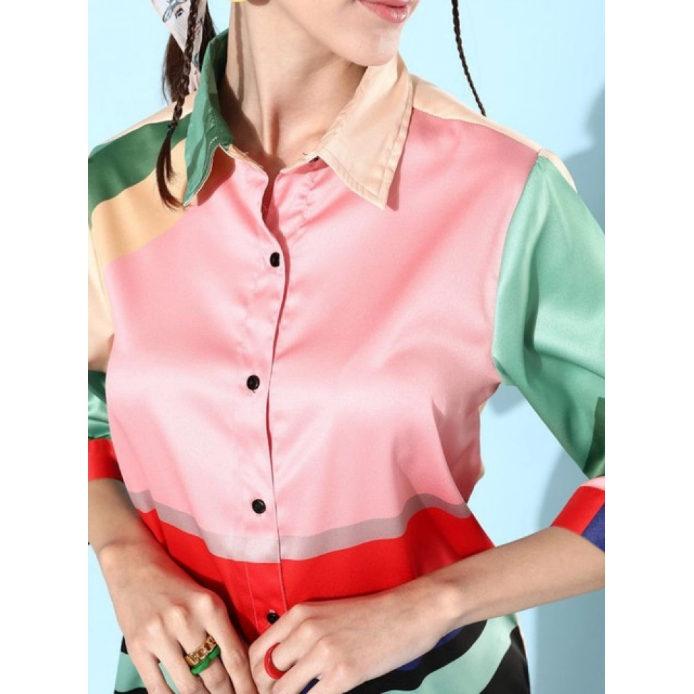 Women's Satin Colour Block Long Sleeves Co-Ord Set (Multicolor) - Image 5