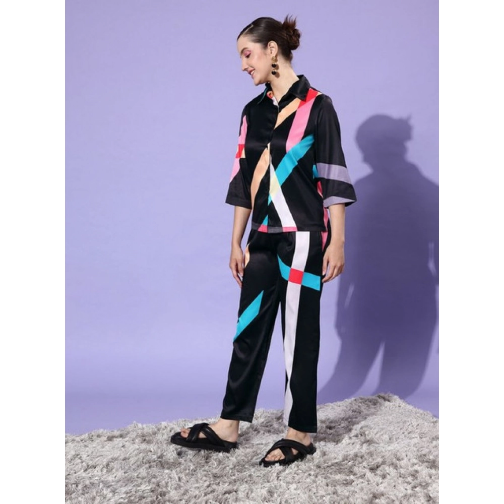Women's Satin Colour Block Long Sleeves Co-Ord Set (Multicolor) - Image 3