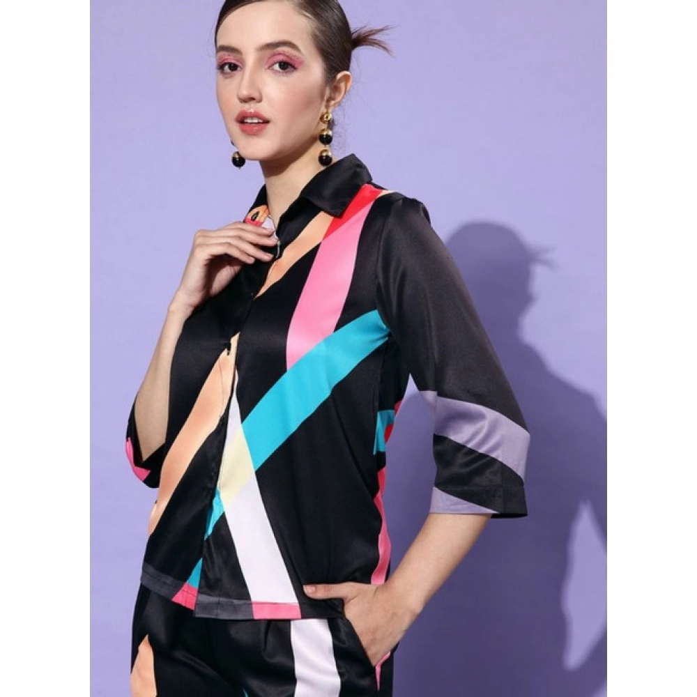Women's Satin Colour Block Long Sleeves Co-Ord Set (Multicolor) - Image 5