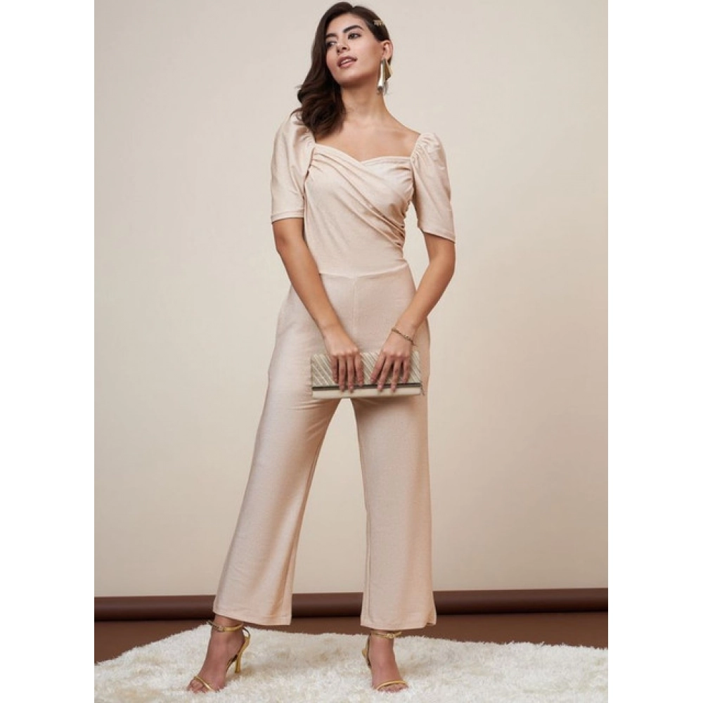 Women's Polyester Shimmer Self Design Short Sleeve Jumpsuit (Gold) - Image 4