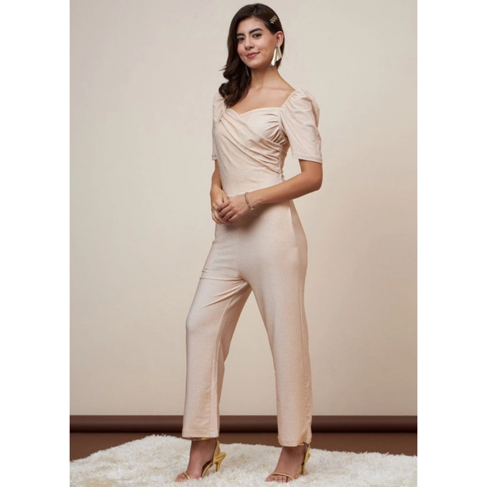 Women's Polyester Shimmer Self Design Short Sleeve Jumpsuit (Gold) - Image 3