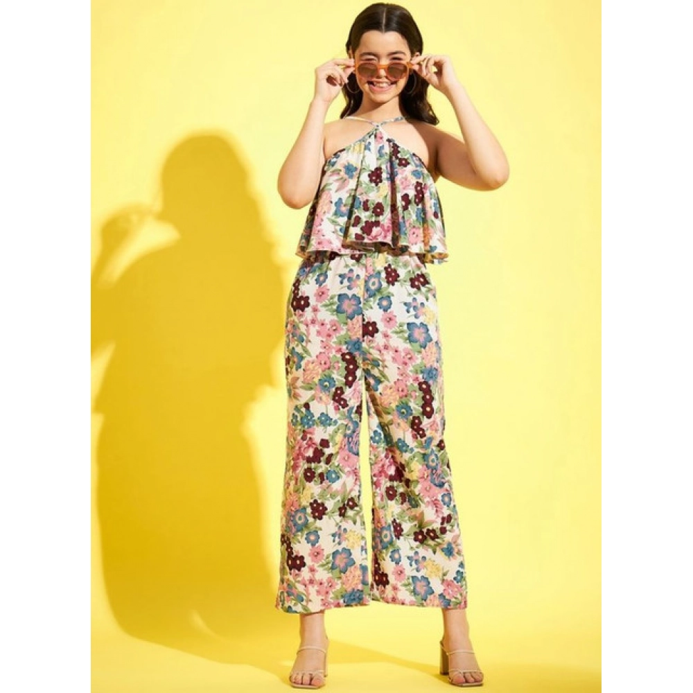 Girl's Polyester Crepe Floral Sleeveless Jumpsuit (Multicolor) - Image 4