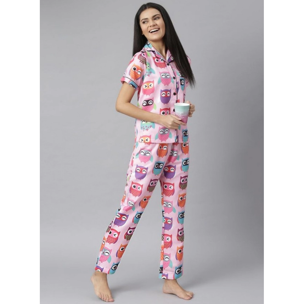 Generic Women's Cotton Blend Printed Short Sleeve Night Suit (Pink) - Image 4