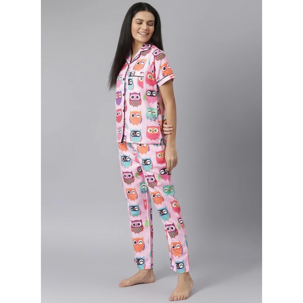 Generic Women's Cotton Blend Printed Short Sleeve Night Suit (Pink) - Image 3
