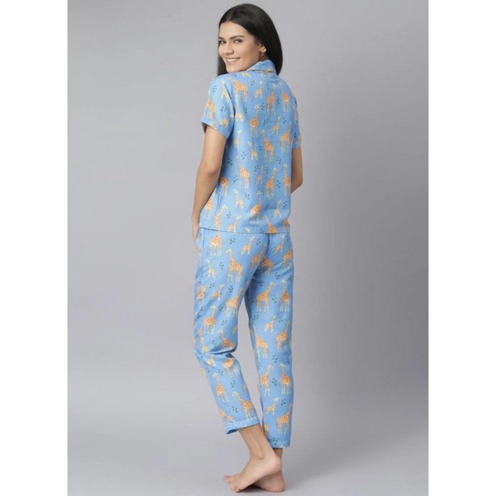 Generic Women's Cotton Blend Printed Short Sleeve Night Suit (Blue) - Image 5