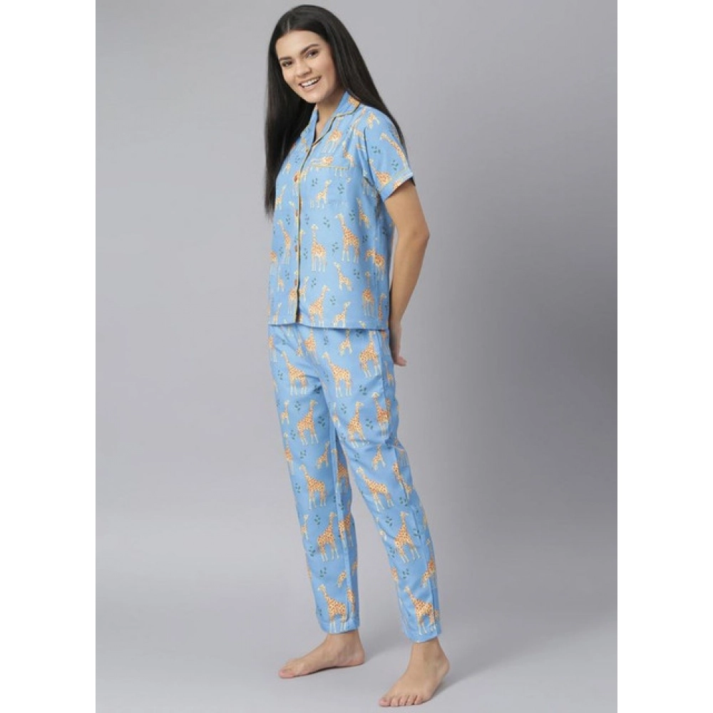 Generic Women's Cotton Blend Printed Short Sleeve Night Suit (Blue) - Image 3