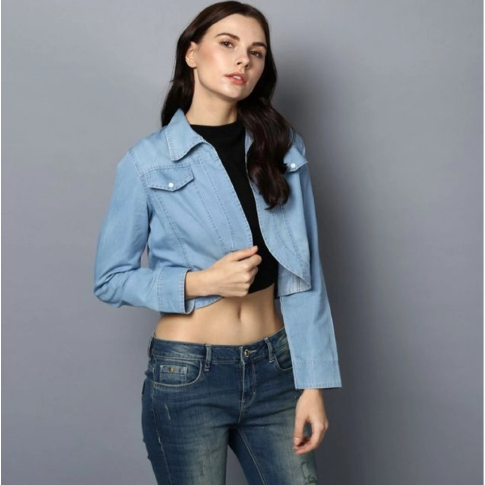 Women's Denim Solid 3-4th Sleeves Shrug (Blue) - Image 5