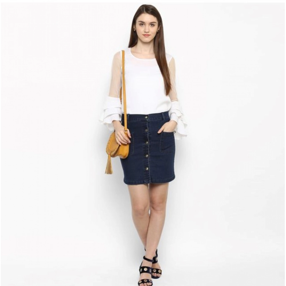 Women's Denim Front Button Buttoned Skirt (Blue) - Image 4