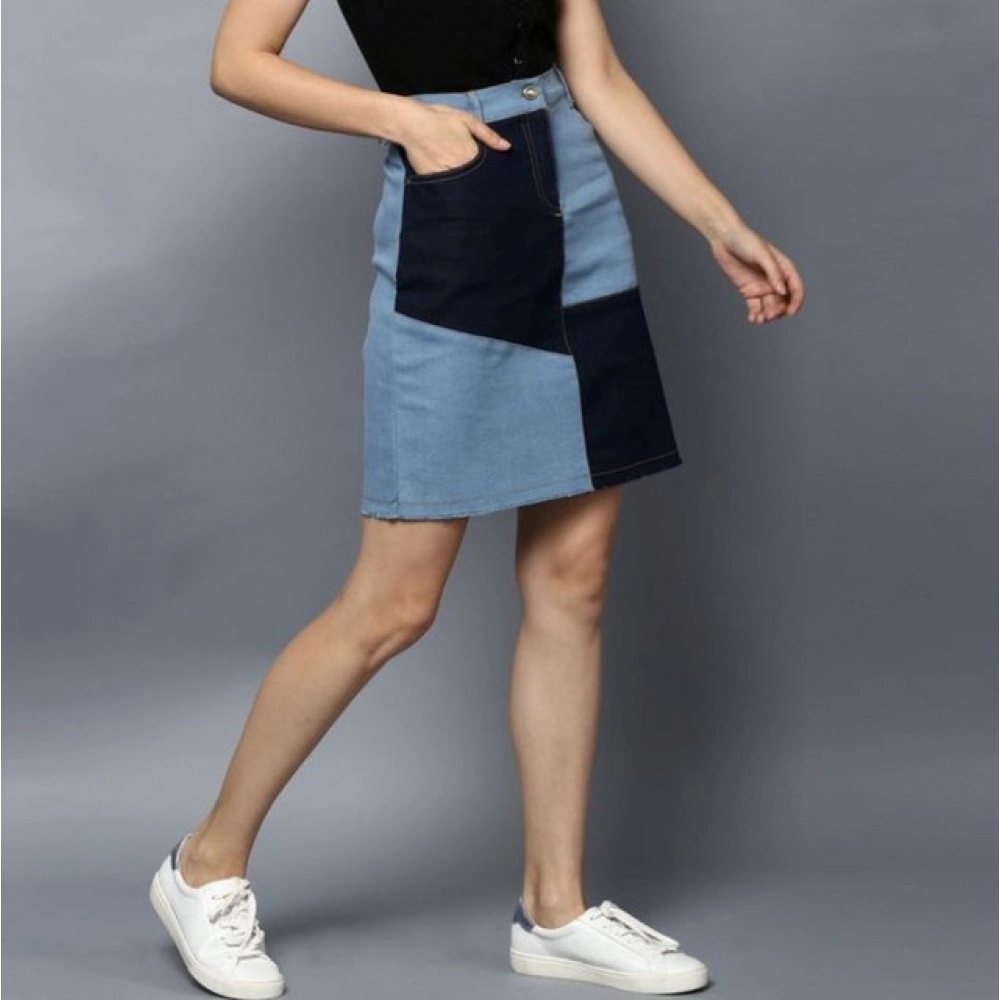 Women's Denim Brick Style Buttoned Skirt (Blue) - Image 5