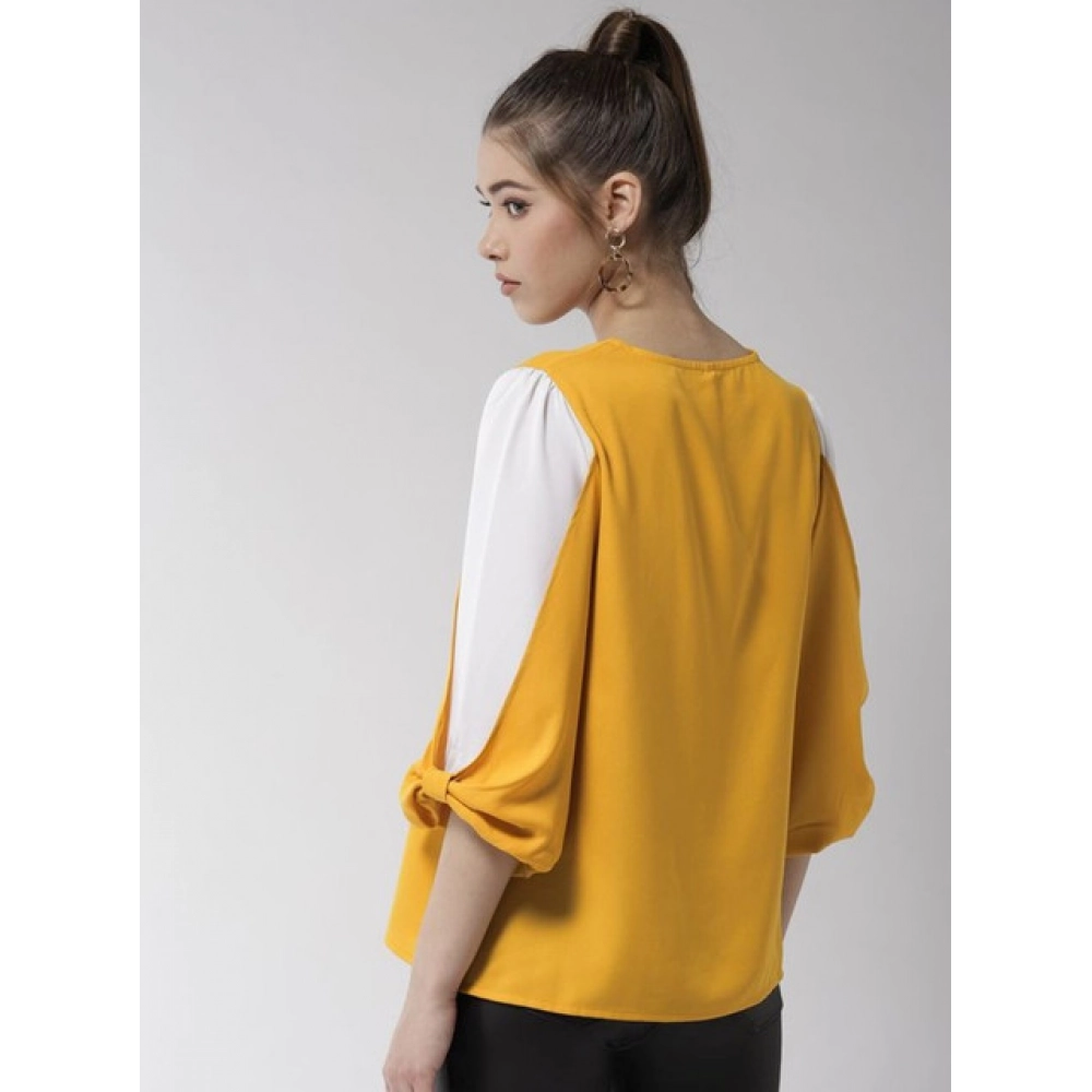 Women's Polyester Colour Block Slit Sleeve Top (Yellow-White) - Image 4