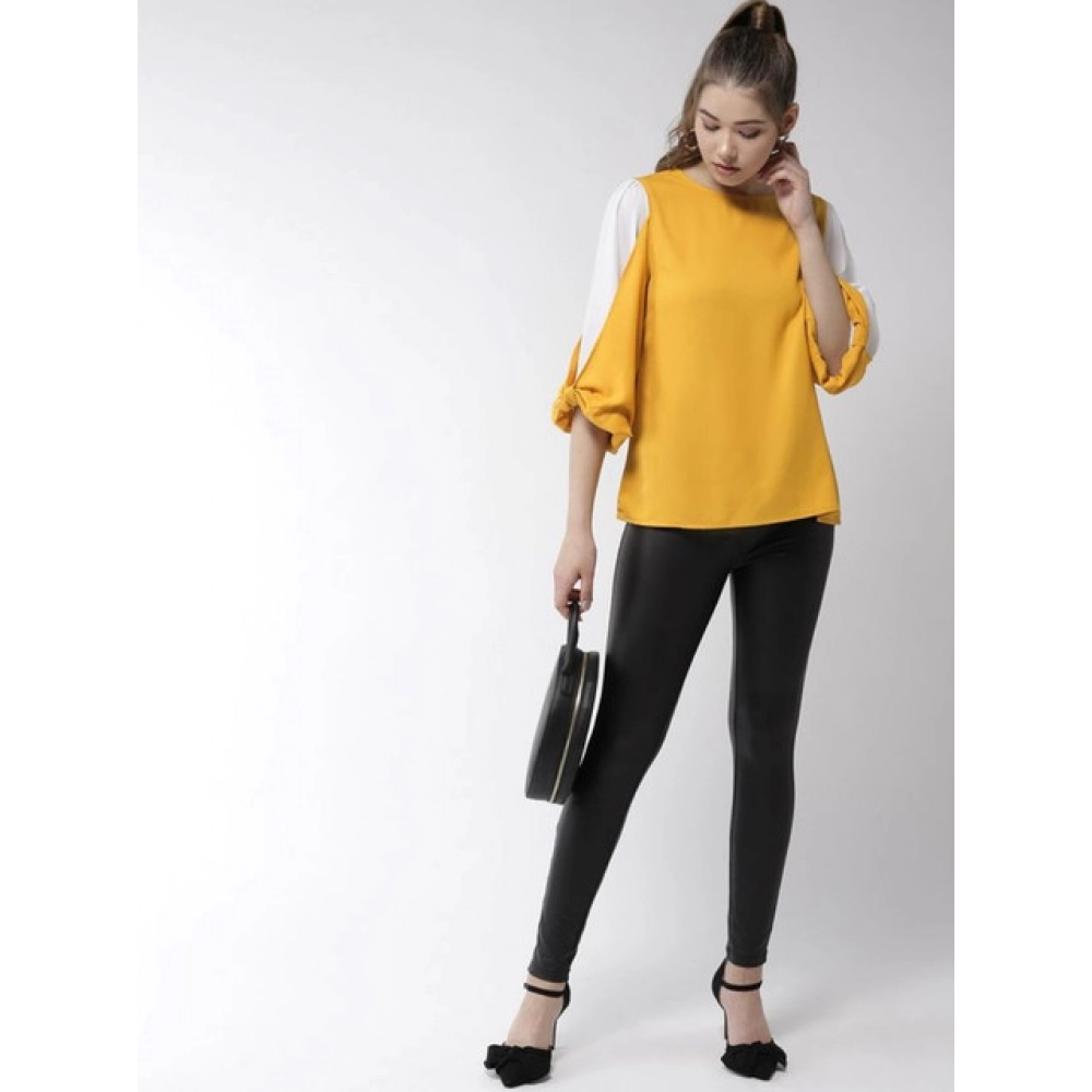 Women's Polyester Colour Block Slit Sleeve Top (Yellow-White) - Image 5