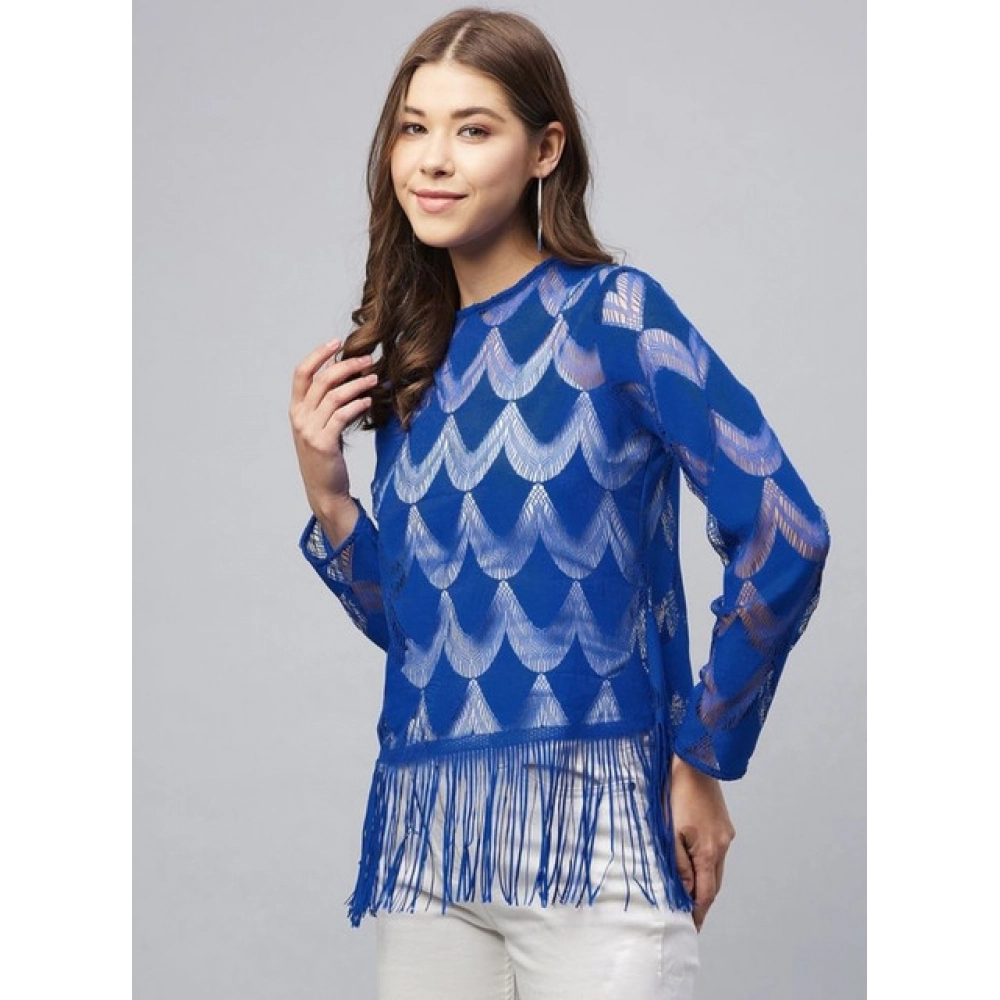 Women's Lace Self Design Long Sleeves Top (Blue) - Image 3