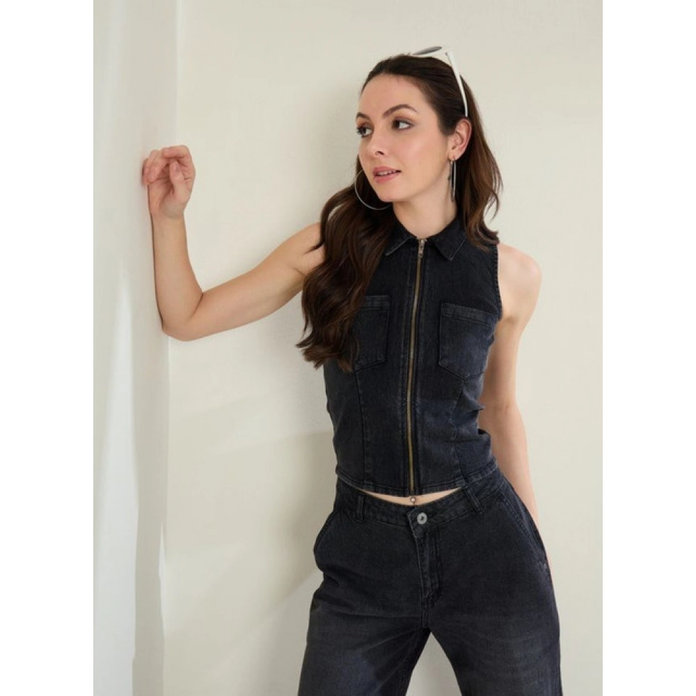 Women's Denim Lycra Solid Sleeveless Top (Black) - Image 3